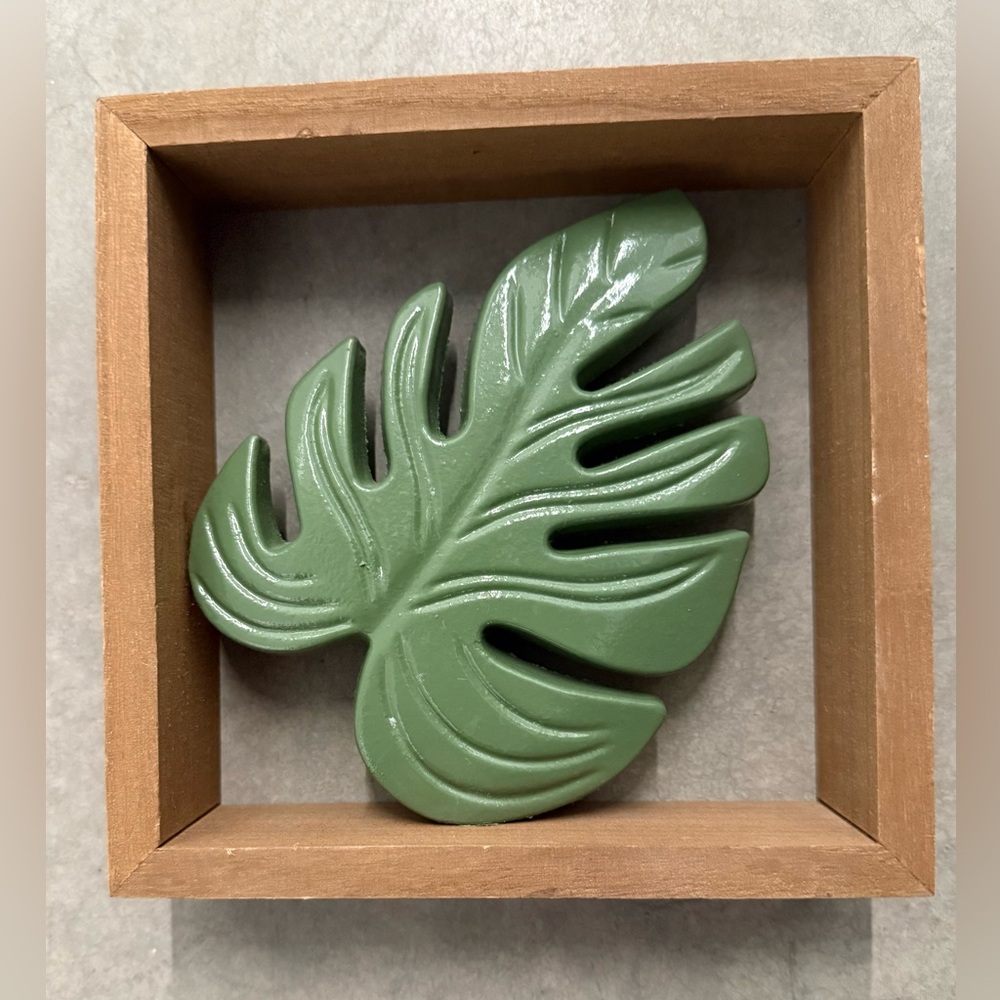 Wood Open Back Frame With Carved Paint Wood Tropical Plant Leaf - 7” x 7”